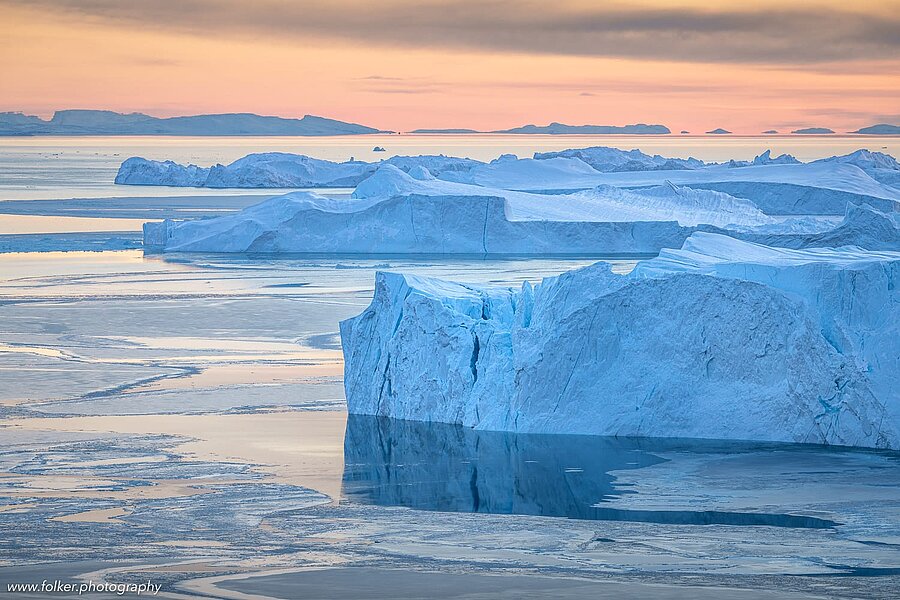 unset, boat, Greenland, icebergs, Disko bay, winter