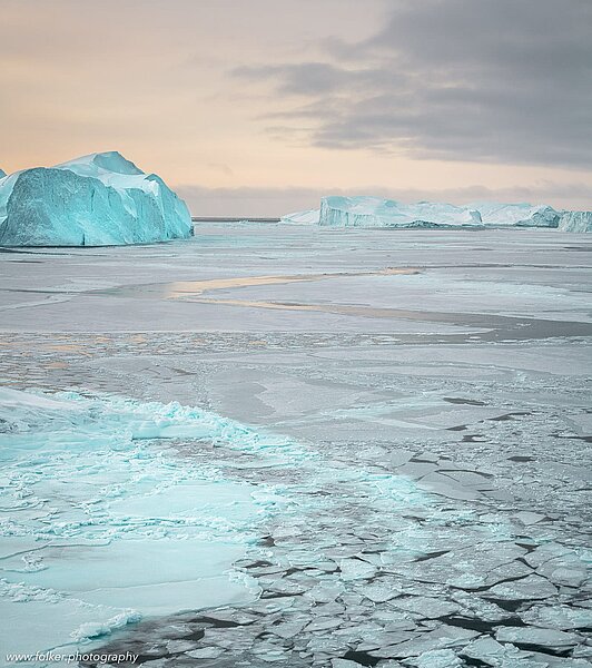 unset, boat, Greenland, icebergs, Disko bay, winter
