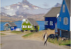 This fine-art photograph shows an abstract, painterly street scene in Tassilaq in East-Greenland. In a style of a painting from early 20th century, you can see people walking down a road towards the fjord with colorful houses, mountains and clouds in the backdrop. 
