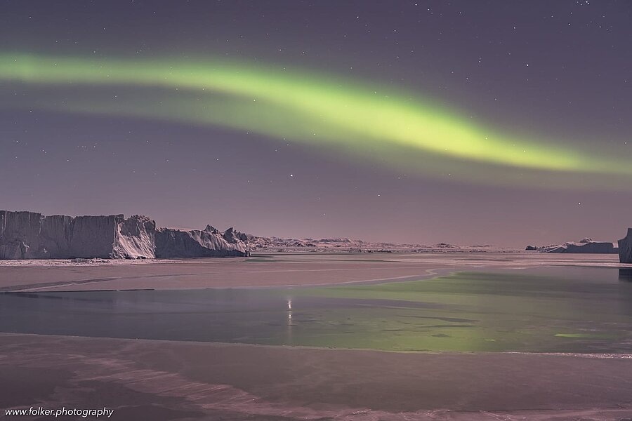 unset, boat, Greenland, icebergs, Disko bay, winter