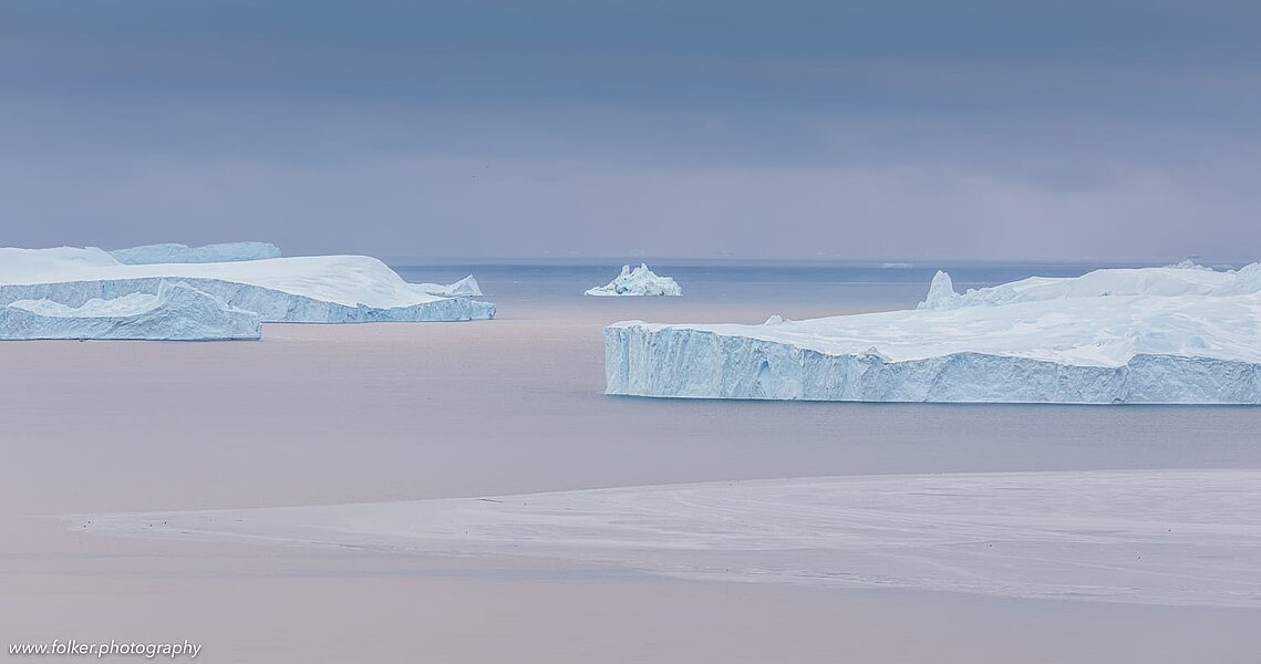 unset, boat, Greenland, icebergs, Disko bay, winter