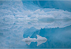 The backdrop of this fine-art photograph is formed and filled by a bigger iceberg with reflection in the water. Smaller elegantly shaped pieces of ice are passing in the foreground. Different shades of ice-blue color tones and cracks in the ice create a symmetric and well-balanced image that almost feels abstract. Picture was taken at the Sermilik fjord in East-Greenland.