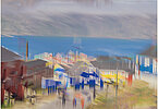 This fine-art photograph shows an abstract, painterly street scene in Tassilaq in East-Greenland. In a style of a painting from early 20th century, you can see people walking down a road towards the fjord with mountains and clouds in the backdrop. 