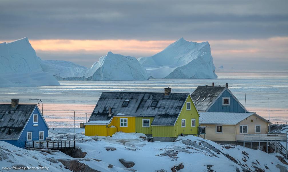 unset, boat, Greenland, icebergs, Disko bay, winter